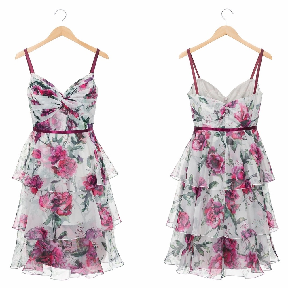 Marchesa Notte Tiered Twist Front‎ Floral Print Organza Dress Size 8 - Picture 3 of 8